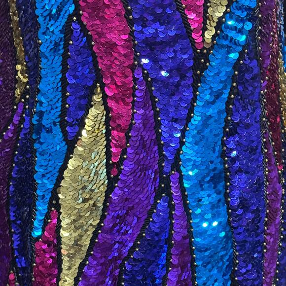 Vintage 1980s Sean Silk Sequined Cocktail Party Dress Size Small Pink Gold Blue - Picture 3 of 12